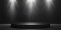 A matte black podium with a smooth surface, placed in front of a textured gray wall, lit by a Royalty Free Stock Photo