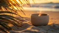 matte ceramic container on warm sand under palm leaf shadows