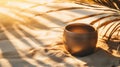 matte ceramic container on warm sand under palm leaf shadows