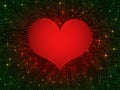 Matte glowing red heart on a background of green shiny computer