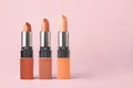 Matte lipstick of different colors with space for text. Beauty and makeup concept Royalty Free Stock Photo