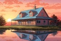 matte metal roof of farmhouse reflecting sunrise hues, magazine style illustration