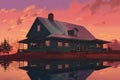 matte metal roof of farmhouse reflecting sunrise hues, magazine style illustration