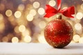 matte red Christmas ball with a bow on a snowy background of bokeh lights on a Christmas tree, copy space Royalty Free Stock Photo