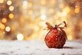 matte red Christmas ball with a gold bow on a snowy background of bokeh lights on a Christmas tree, copy space Royalty Free Stock Photo