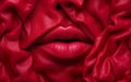 Matte scarlet lips kiss closeup wrapped in rose petals texture background.