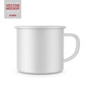 Matte white enamel metal cup. Vector mockup