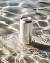 matte white soft drink can, frozen motion shot, among splashes of water, blurred background, ideal for logos or branding