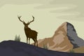 Deer in the mountains in front of a mountain on a hill with big antlers vector illustration
