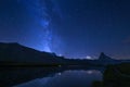 Matterhorn and the milkyway with reflection on the Stelisee lake Royalty Free Stock Photo