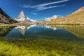 Matterhorn mountain behind a beautiful lake with grass Royalty Free Stock Photo