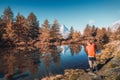 Matterhorn mountain with golden pine forest reflection in autumn at Grindjisee lake, Switzerland Royalty Free Stock Photo