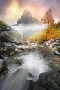 Matterhorn over a mountain stream in autumn