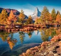 Matterhorn peak reflected in the cflm water of Grindjisee lake. Amazing morning scene of in Swiss Alps, Zermatt resort location. T Royalty Free Stock Photo