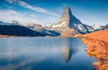 Matterhorn peak reflected in Stellisee lake Royalty Free Stock Photo