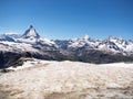 Matterhorn peak in sunny day view from gornergrat train station, Zermatt, Switzerland. Royalty Free Stock Photo