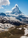 Matterhorn peak in sunny day view from Rotenboden train station, Zermatt, Switzerland. Royalty Free Stock Photo