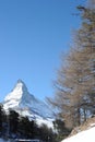 Matterhorn peak in Zermatt in winter with snow and blue sky on a sunny day in the Alps, Switzerland Royalty Free Stock Photo