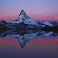 Matterhorn reflecting in Lake Stelli, Zermatt. Royalty Free Stock Photo