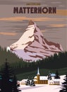 Matterhorn Ski resort poster, retro. Alpes Winter travel card Royalty Free Stock Photo