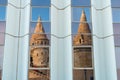 Matthias Church reflection. Fisherman bastion with details on the facade and the whole scene of the castle in Buda, Budapest