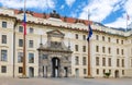 Matthias Gate of New Royal Palace Novy kralovsky palac and EU and Czech flags at flagpole Royalty Free Stock Photo