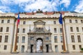 Matthias Gate of New Royal Palace Novy kralovsky palac and EU and Czech flags at flagpole in Prague Castle Royalty Free Stock Photo