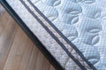 Mattress on a bed close up. Home bedroom interior detail, high angle view