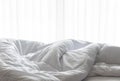 Mattress bed sheet, duvet and pillow, messed up in the morning Royalty Free Stock Photo