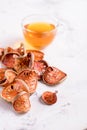Matum thai tea. Bael fruit tea and slices of dried bael fruit Royalty Free Stock Photo