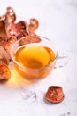 Matum thai tea. Bael fruit tea and slices of dried bael fruit Royalty Free Stock Photo