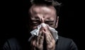 Mature adult male in a dimly lit room with a tissue in hand, appearing to be ill