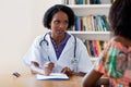 Mature african american female doctor explaining coronavirus symptoms to patient Royalty Free Stock Photo