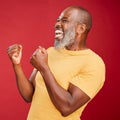 Mature african american man with a beard smiling and cheering with his fists celebrating standing against a red studio