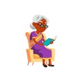 mature age india woman reading recipe book in living room chair cartoon vector