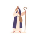 Mature Ancient Israel Man With Staff. Wise, Bearded Male Character Robed And Sandaled, Carries A Long Wooden Staff