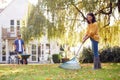 Mature Asian Couple Working In Garden At Home Raking And Tidying Leaves Into Barrow