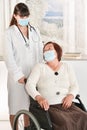 Mature asian woman in a wheelchair looking back at a young female doctor, both wearing surgical masks. Royalty Free Stock Photo