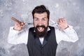 mature bearded man hipster in hairdresser salon with tools of vintage razor and scissors, hairstyle.