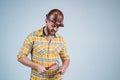 Mature builder in shirt. unshaven man on construction site. building worker in hard hat. labor day. angry guy wear