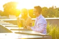 Mature business colleagues talking at rooftop during success party Royalty Free Stock Photo