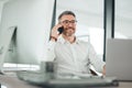 Mature business man, phone call and computer for networking, consulting and communication of news in office. Happy Royalty Free Stock Photo