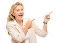 Mature business woman pointing empty copy space smiling isolated Royalty Free Stock Photo