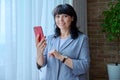 Mature business woman using smartphone, standing near window Royalty Free Stock Photo