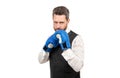 mature businessman in boxing gloves ready to fight isolated on white background, boxing Royalty Free Stock Photo