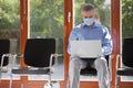 Mature businessman with face mask working with laptop in an empty waiting room of an office or hospital Royalty Free Stock Photo