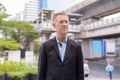 Mature businessman in suit thinking against view of the sky train station Royalty Free Stock Photo