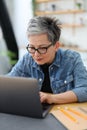 Mature businesswoman in glasses works on a laptop at the workplace in the office, portrait Royalty Free Stock Photo