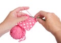 hands crocheting granny square with pink yarn, isolated Royalty Free Stock Photo