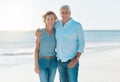 Mature, couple and beach with portrait on vacation hold for happiness or travel in summer. Senior, woman and man hug at Royalty Free Stock Photo